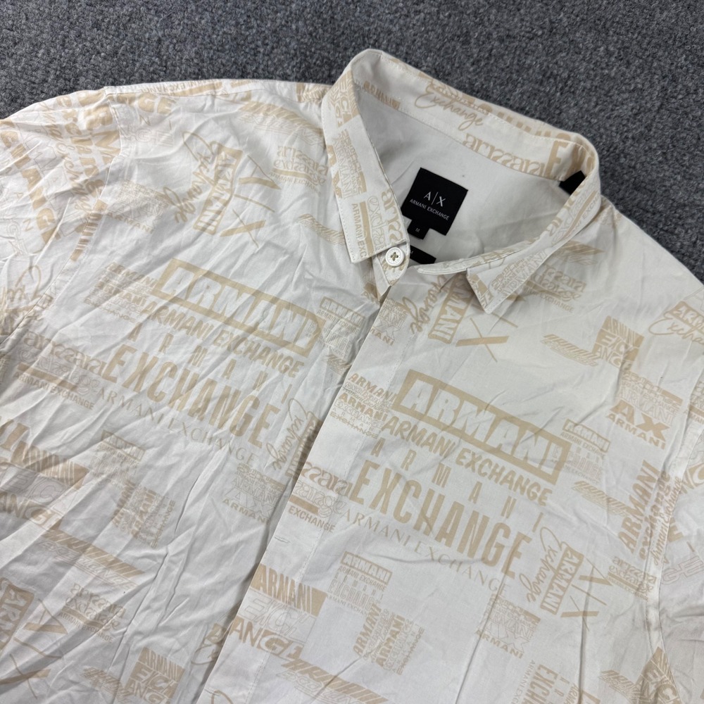 Armani Exchange Button Up Shirt Medium White Tan Logo Print Slim Mens 3DZC04